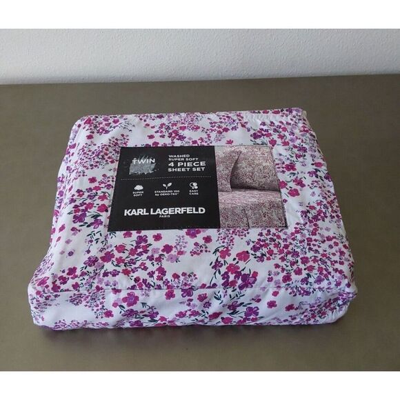 Karl Lagerfeld White Purple Floral TWIN Washed Super Soft 4 Piece Sheet Set - Picture 3 of 9